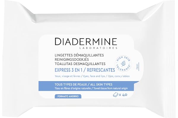 Diadermine - Lingettes Démaquillantes Visage, Yeux et Lèvres - Express 3 en 1 - Tous Types de Peaux - Nettoyant Visage - Haute Tolérance - Paquet de 40 Pièces en fibres d'orgine naturelle