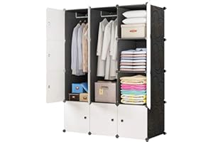 BRIAN & DANY Kleiderschrank aus 12 Würfeln, modularer Speicher-Organisator Kunststoffschrank mit Türen & 2 Aufhängern, tiefere Fächer als normal (45 cm vs. 35 cm) für mehr Platz