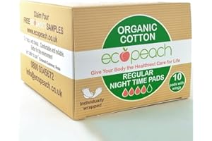 Ecopeach Organic Cotton Regular Night Time Pads with Wings, 40 Sanitary Towels (4 Packs x 10) - Ultra Soft & Absorbent, Breathable, Chlorine-Free, Fragrance-Free. Designed for Sensitive Skin