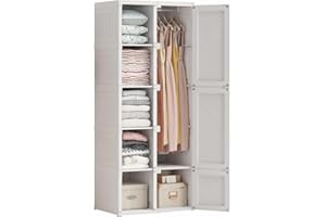 HOAIYO QuickFold Portable Closet Clothes Wardrobe with Hanging Rod Bedroom Armoire Cube Storage Organizer with Door (70 x 170 cm, White)