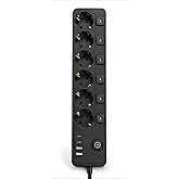 6&rsquo;lı Ayrı Anahtarlı Akım Korumalı Priz, 3680W 16A &Ccedil;oklu Priz, 2 USB-A + 2 Type-C, 2 Metre Kablolu, Topraklı, Ev Ofis Masa&uuml;st&uuml;