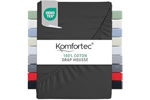 Komfortec Drap Housse Lit 180x200 cm - Jersey 100% Coton 135g/m² - Certifié Oeko-Tex - Bonnet 30 cm - Drap Lit avec Élastique pour Matelas Épais - Anthracite
