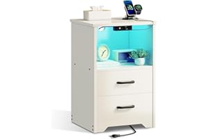 Coleshome Mesitas de Noche, Mesita de Noche Blanquecino con 2 Enchufes y 2 Puertos USB, LED de 10 Colores, Mesa de Noche Dormitorio con 2 Cajones de Madera y un Espacio de Almacenamiento, 1 Paquete