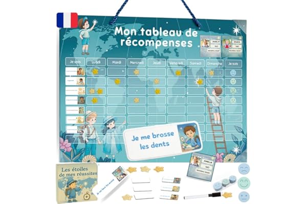 Tableau de Récompense Enfant Magnétique – Routine Matin & Soir 5-12 Ans | Tableau de Comportement et Tâches Enfant | 60 Missions + 10 Libres, 150 Étoiles, 60 Emojis, Organisation routine maison