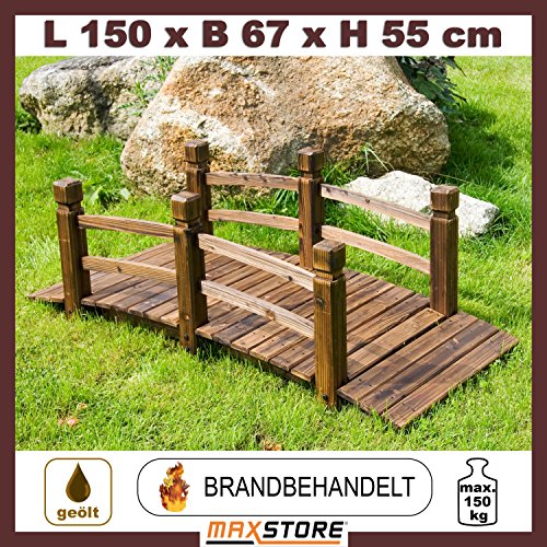 Rustikale massive Holzbrücke, braun, 150 x 67 x 55 cm, geölt und brandbehandelt, bis 150 kg belastbar - 8