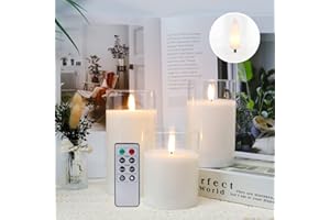 JHY DESIGN Juego de 3 velas LED 3D de cristal sin llama, velas de batería parpadeantes de cera blanca con temporizador de control remoto para fiesta de boda (forma de llama giratoria)