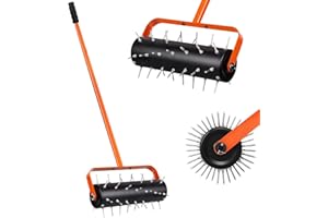 LIROPAU Rodillo aireador de césped, aireador manual, enrollador manual con 42 clavos de 5 cm y protección contra salpicaduras, aireador de césped, rodillo escarificador para jardín, patio, terraza