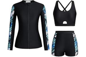 GENERIC Girls Swimming Costume 3 Pieces with Shorts Rash Guard Long Sleeve Bikini Top UPF 50+ Cute Soft Tee Girls Beach Bathing Suits for Summer Surfing Modest Swimwear Age 11-16 Years
