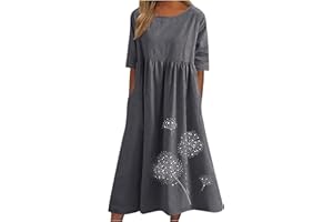 Zeiayuas Cotton Linen Dresses for Women T Shirts Summer Midi Dress Short Sleeve Round Neck Long Dress Ladies Beach Loose Solid Color Casual Dresses UK Plus Size 8-22