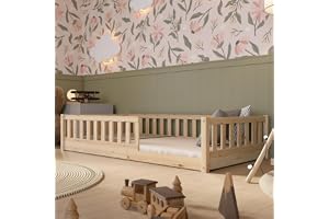 Crazy Pine Barnsäng 140x200 – Montessori-säng i naturträ med fallskydd och avtagbar barriär – 1 cm – Crazy Basic