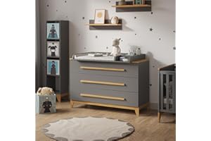 VitaliSpa Wickelkommode Malia, Grau/Eiche, 133 x 98 cm XL mit 3 Schubladen