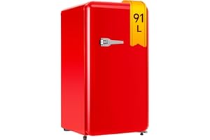 DRIXNO Eintüriger Retro Kühlschrank Rot, 91 Liter Mini Getränkekühlschrank mit Gefrierfach, Kühlschrank mit Gefrierfach Klein 85 kWh/Jahr, LED-Licht.