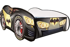 Topbeds Letto per auto, letto per bambini, con protezione anti-caduta, culla con materasso, culla con rete a doghe, per ragazzi e ragazze, Super Heroes (Bat Car) 160 x 80 cm
