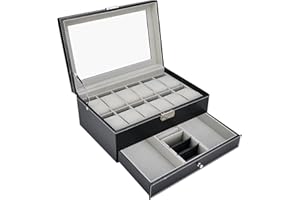 Queiting Watch Box 12-Slot PU Leather Watch Storage Box 2-Tier Watch Display Case with Glass Lid Gifts for Men and Women for Watches Jewelry and Sunglasses Storage