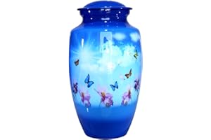eSplanade Metal Cremation Urn Memorial Jar Pot Container | Full Size Urn for Funeral Ashes Burial | Colorful Butterflies Print | Blue - 10" Inches