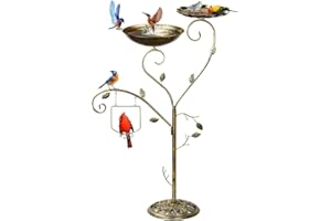 DoubleCare Baño de Metal 3 en 1 para pájaros, 37 Pulgadas para Exteriores, comedero para pájaros para jardín, Patio, césped, decoración de jardín (Dorado Antiguo)