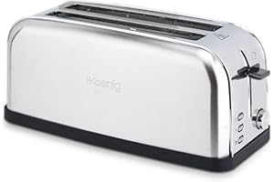 H.Koenig Grille Pain Toaster Spécial Baguette 2 Tranches TOAS28 Fentes larges Inox vintage, 7 Niveaux de brunissage, Décongélation, Rapide et uniforme, Viennoiserie, Nettoyage facile, 1500W