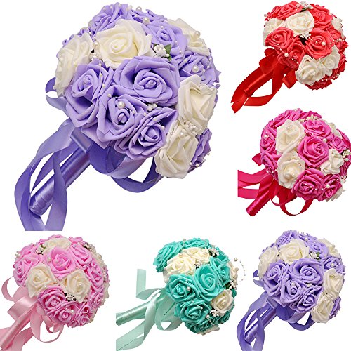 FEITONG Rosen Perle Hochzeit Bouquet Künstliche Blumen Deko (23*15*29cm, Rot) - 2