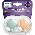 Philips Avent Ultra Soft Pacifier 2 Pack - BPA-Free Dummy for Babies from 0-6 Months, Orange/Green (Model SCF091/03)