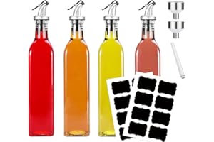 Feelhap Bouteille en verre pour huile d'olive,4 Bouteille Huile 500ml Distributeurs d'Huile et de Vinaigre,Distributeur Huile en verre Lavable au Lave-Vaisselle avec entonnoirs,étiquette et stylo