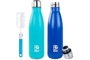 BOGI 2 Pack Insulated Water Bottle,500ml Stainless Steel Water Bottle-Leakproof Metal Water Bottle Keep Drink Hot & Cold Water Bottle Sports Water Bottle for Girls Kids with Cleaning Brush(Mint+Dblue)