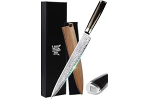 YOUSUNLONG Sunlong Cuchillo para filete de pescado,sashimi,10 "acero inoxidable súper acero japonés de 67 capas, cuchillo para trinchar derecho, vaina de madera de nogal, bolsa de cuchilla de franela