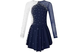 JanJean Mädchen Eiskunstlauf Kleid Glitzer Tanzkleid Langarm Ballett Trikot Tanz Body Ballettkleid Ballettanzug für Kinder 5-16 Jahre Rose