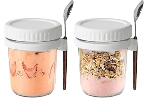 AOYFUWELL Juego de 2 paquetes de vidrio de avena para la noche, tazas de desayuno de 300 ml / 10 oz, tazas de cereales, recipientes de vidrio para cereales con tapa y cuchara