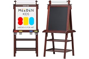 MEEDEN Staffelei für Kinder – Kinderstaffelei mit Papierrolle – Doppelseitige Kunststaffelei aus massivem Kiefernholz – Kinderstaffelei mit Kreidetafel und magnetischem Whiteboard – Walnuss