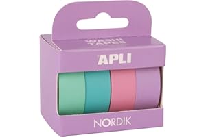 APLI - 18816 - Confezione nastri adesivi decorativi - carta tipo WASHI TAPE - colori pastello - 4 rotoli - Nastri 15 mm x 10 m