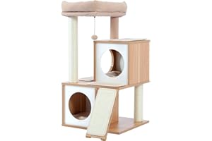 PETEPELA Drzewko dla kota 89 cm drewniana wieża dla kota z podwójnymi mieszkaniami, zdejmowana, przestronna grzęda, w pełni owinięte drapaki sizalowe, wymienne wiszące kulki, 100 cm, beżowe