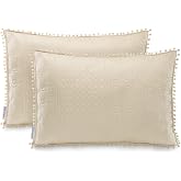 AmeliaHome 2 Pillow Cases with Pompoms on Two Sides Ultrasonic Padded 50 x 70 cm, Beige
