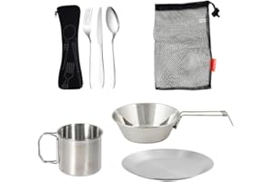 REFORUNG Kit Platos y Cubiertos Camping 8 en 1 Juego de Cubiertos para Acampar Set de Vajilla de Camping de Acero Inoxidable con Platos Cuenco Vaso Cuchillo Tenedor Cuchara y Blosa para 1 Pesonas