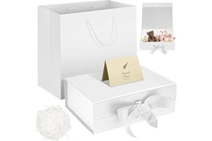SEKEPINGO Caja de regalo magnética de lujo blanca de 32,5 x 23 x 10,5 cm, caja de embalaje grande con cinta, tarjeta de felicitación de papel triturado con bolso, fácil montaje, cajas de recuerdos de fiesta