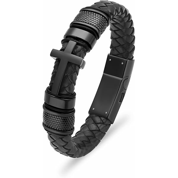 Dochais Herenarmband, roestvrij staal en echt leer, Jezus Christus Kruisbeeld, natuursteen gevlochten armband met magneetsluiting, sieraden cadeaus voor mannen, 0.03 cm x 0.03 cm x 0.03 cm, Leer