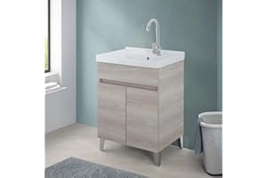 INBAGNO Mobile Lavatoio 60x46,8 Cm Rovere Grigio Con Vasca In Ceramica Dotata Di Zona Strofinatoio, Struttura Già Montata In Legno Nobilitato Con 2 Ante Apribili A Gola