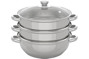 MINRS Cuiseur vapeur à 3 couches - Avec couvercle en verre - 28 cm - En acier inoxydable - Multifonction - Pour cuisinières à induction, cuisinières électriques en céramique ou à gaz