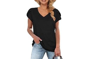 WNEEDU Mujer Camisetas Verano Básico Tops Petal Manga Corta V Cuello Camisa Casuale