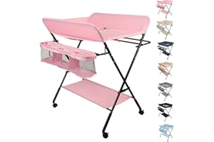 OHMG Fasciatoio Pieghevole Fasciatoio Portatile con Cintura di Sicurezza e Scomparti Portaoggetti,Tavolo Cambio Pannolini Multifunzionale Portatile per Bagnetto Neonati,4 ruotes