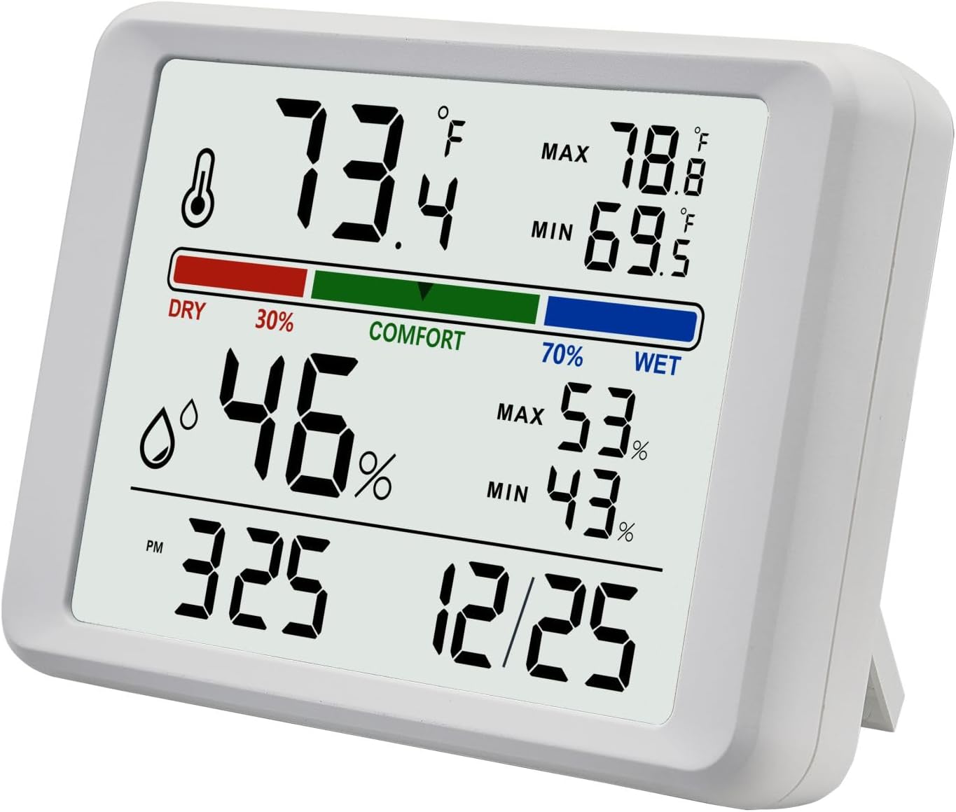 Digital Thermometer Hygrometer, Plumeet Indoor Wall Thermometer with Backlight, Digital Alarm Clock, Date, Air Comfort Indicator, Max Min Record, Desktop Thermometer for Home, White