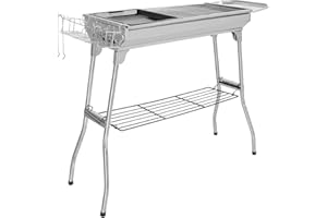 GENERIC Portable Stainless Steel BBQ Charcoal Grill - Large Multi-Surface Barbecue with 2 Grilling Nets & Baking Tray - Outdoor & Home Cooking Grill for Camping, Picnics & Garden - Silver