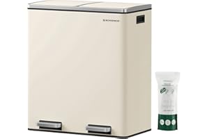 ‎SONGMICS SONGMICS Kosz na śmieci z podwójną komorą 2 x 30 l, z 15 workami na śmieci, metalowe pedały, 2 plastikowe wiadra, pokrywki, uchwyty, miękki zamknięcie, hermetyczny, kremowy LTB060A01