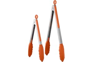 U-Taste Juego de pinzas de cocina de silicona resistente al calor de 315℃ con puntas de goma antiadherentes firmemente selladas y mango de acero inoxidable recubierto de silicona (23/30 cm, Naranja)