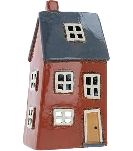 Portacandele In Ceramica Dipinto A Mano - Motivo Casette In Mattoni | Colore Grigio Mattone