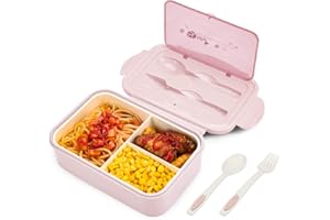 Bibury Lunch Box, Boîte à Déjeuner en Plastique pour Enfant Adulte, Boîte à Repas avec Trois Compartiments et des Couverts(Fourchette et Cuillère), sans BPA, pour Micro-Ondes et Lave-Vaisselle - Rose