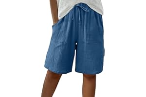 HOOUDO Linen Shorts for Women UK Summer Knee Length Bermuda Shorts Baggy Straight Wide Leg Ladies Short Pants Casual Drawstring Beach Tracksuit Bottoms with Pockets