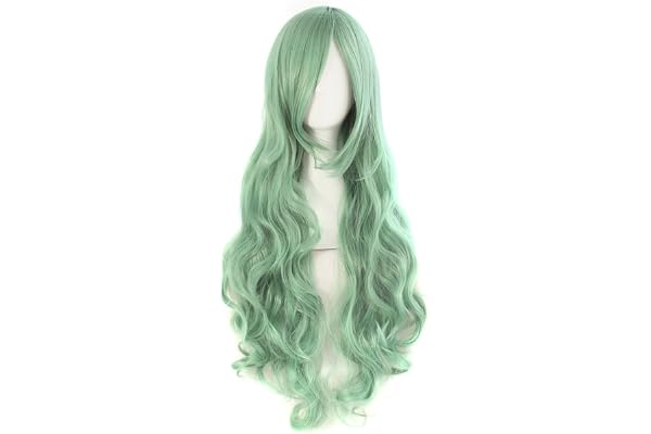 MapofBeauty 80 cm Longue Side Frange Cosplay Bouclé Perruque, Céladon Vert | 31 Pouces Perruques