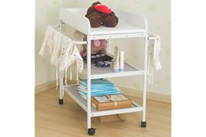 HUOLE Table à Langer 2 en 1 à Roulette avec Baignoire, De la Naissance à 12 Mois, Charge Max 14 KG, Commode à Langer pour Bébé avec Ceinture de Sécurité et Rangement,84 * 72 * 90cm (blanc)