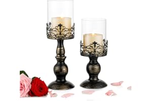 NUPTIO 2 Piezas Candelabros para Velas de Pilar con Cubierta de Pantalla de Vidrio, Candelabro Antiguo de Huracán para la Decoración de la Mesa de Comedor de la Chimenea de la Fiesta de Bodas en el Hogar