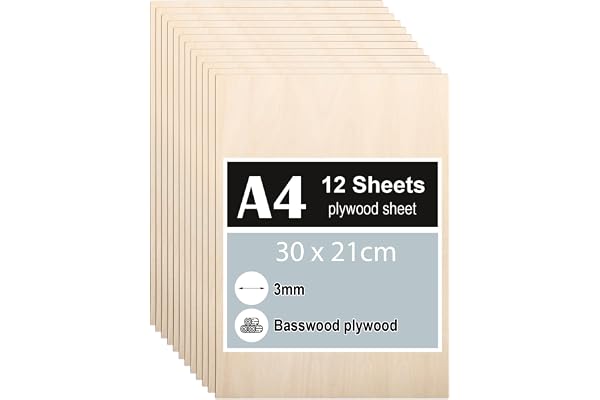 12 Pièces Contreplaqué 3mm, Feuilles de bois de tilleul 30 x 21cm, Panneau Feuille Découpe Laser, Planche Bois pour Pyrogravure, Gravure, projet de bricolage, Maquette